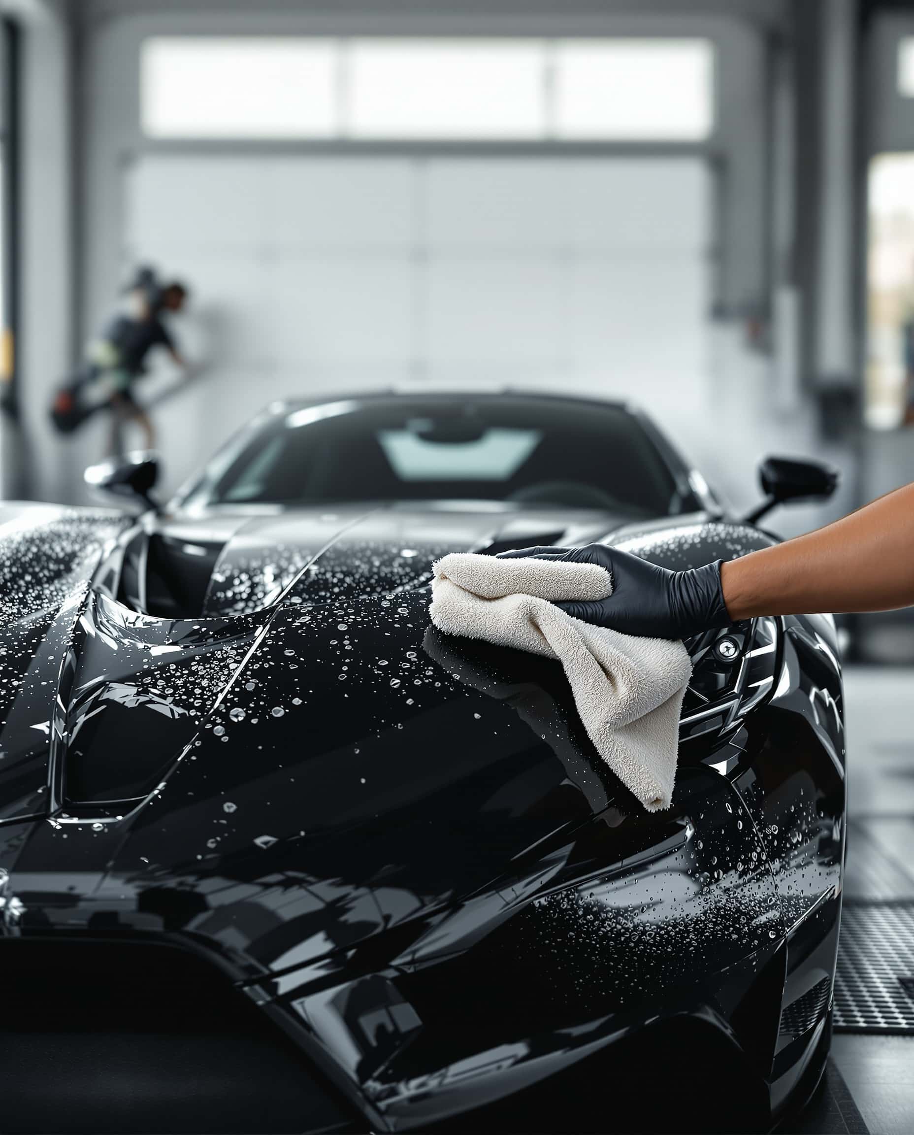 Professional detailer working on luxury vehicle